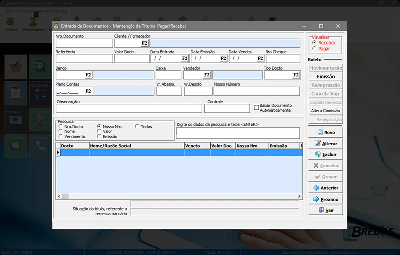 Tela do B-Vendas – manutenção de títulos a pagar e receber